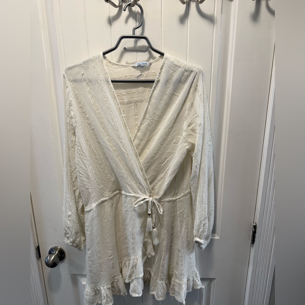 Blue Island White Summer Cover-Up | Silver Thread Detail | Size L